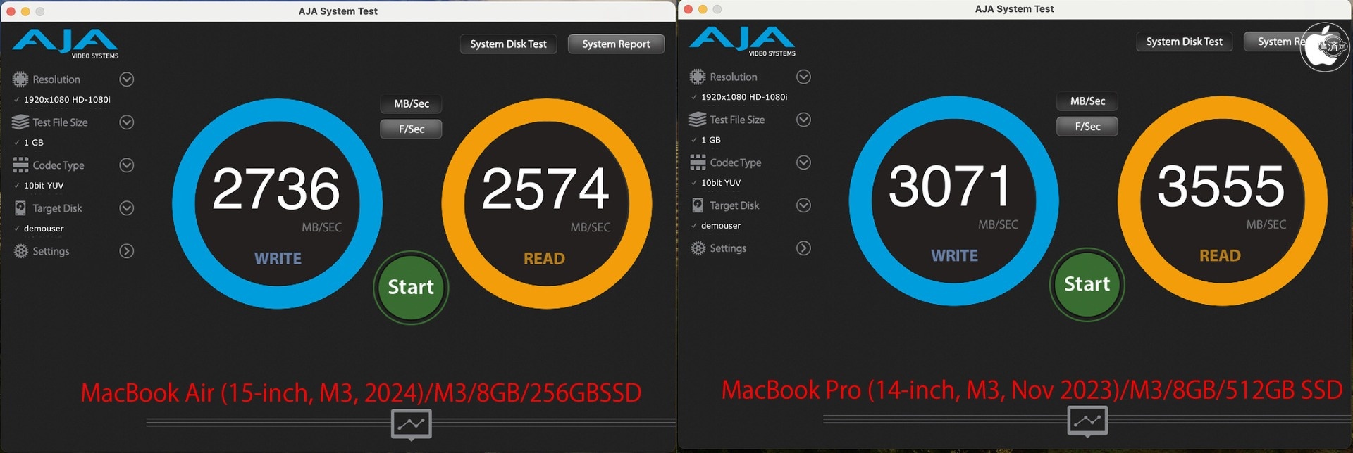 MacBook Air (M3, 2024)の256GB SSDストレージ転送性能が上位機種と