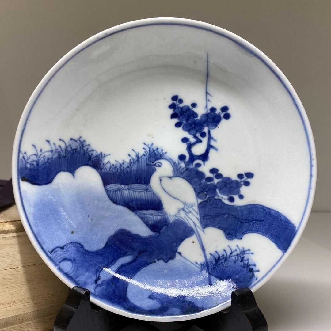 江戸中期 藍九谷上手鷺の図中皿 木箱付 幅約14.5㎝ 東Y6-0910☆2F