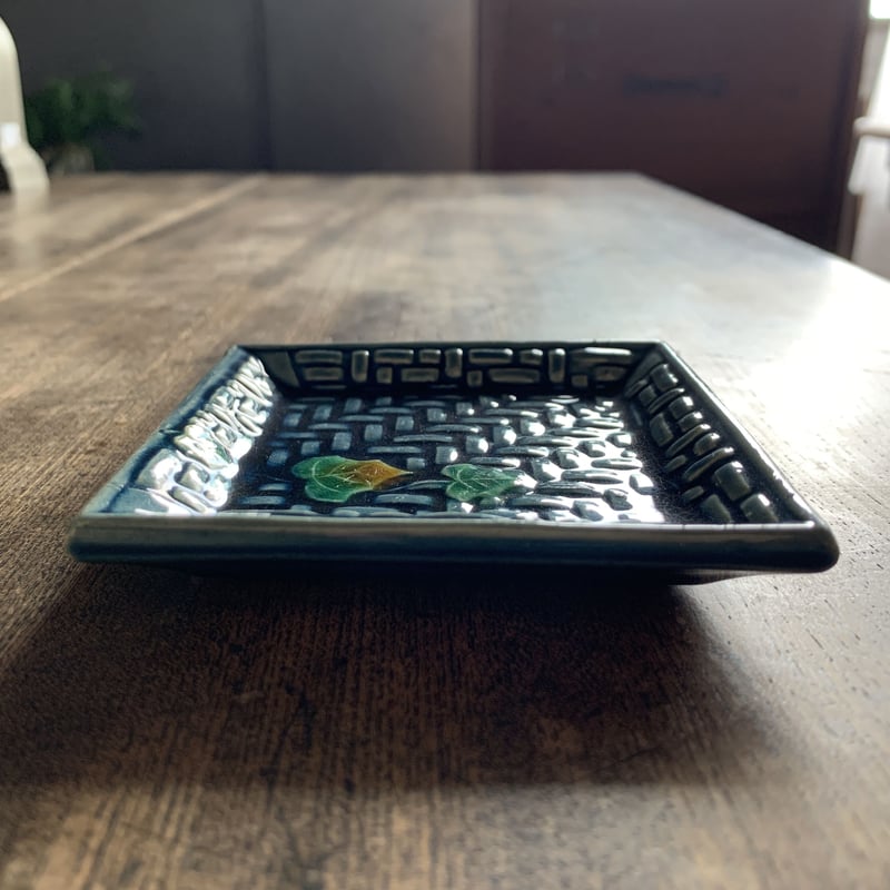 珉平焼 角小皿 豆皿 小皿 蔦柄 ターコイズブルー 陶器 和食器 古道具