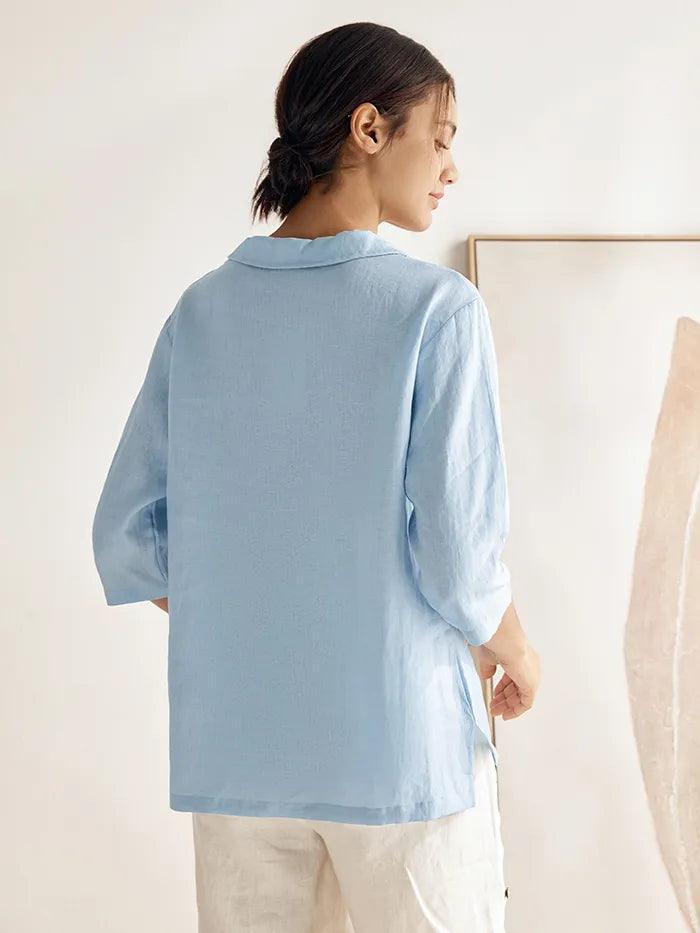 100% Linen Shawl V-Neck Half Sleeve Top JADE – LINTICO