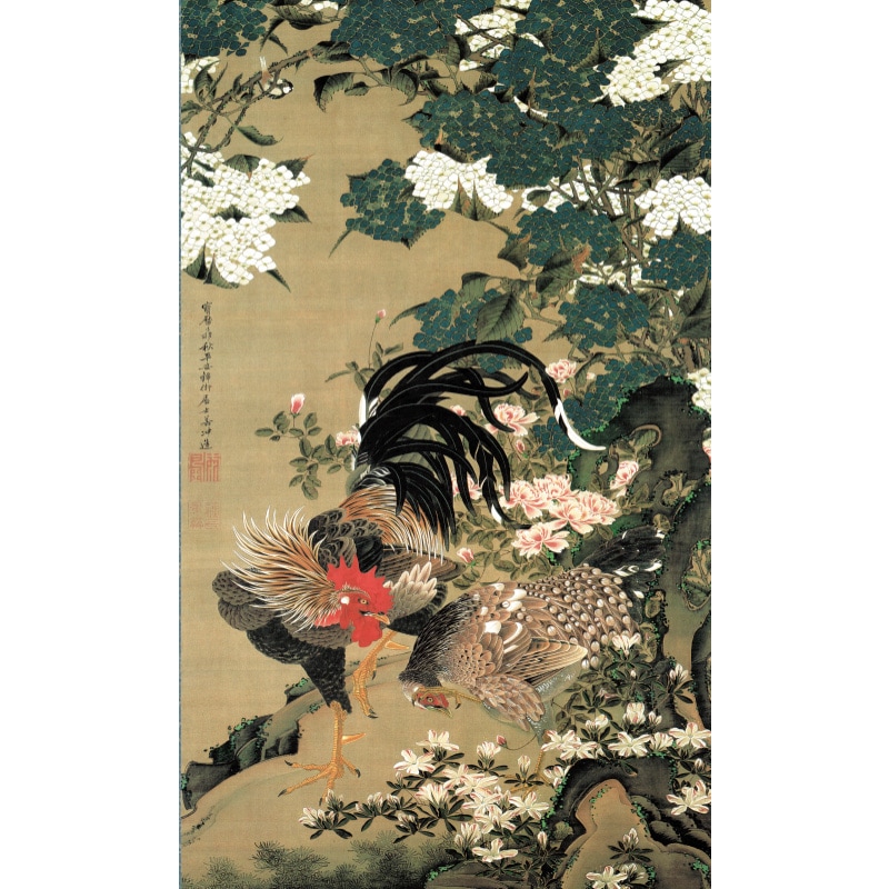 伊藤若冲 動植綵絵 紫陽花双鶏図 高級仕様 額 美術品 インテリア 作品