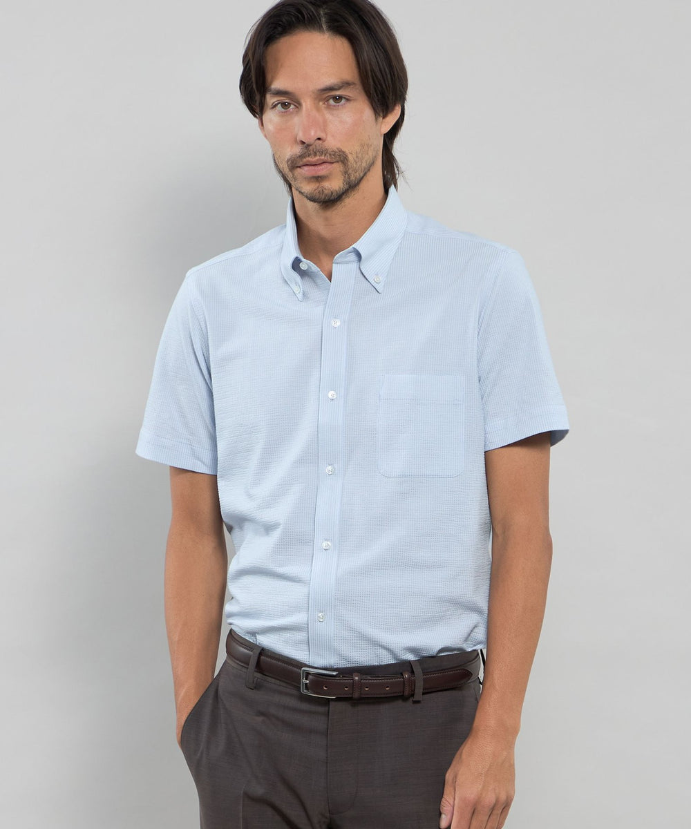 FLEX JERSEY】シアサッカーストライプジャージー半袖シャツ(トップス